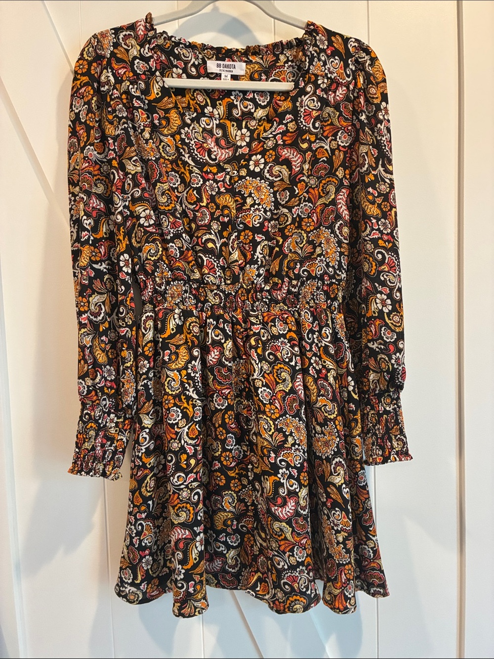BB Dakota Black Paisley Long-Sleeve Smocked-Waist Mini Dress